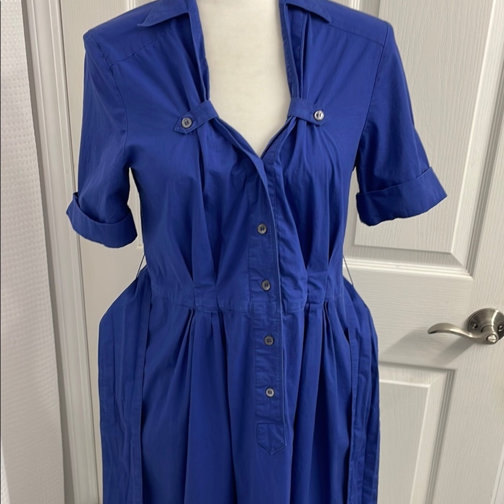 Jacob Blue Buttoned Midi Shirt Dress with Notched Collar & A-Line Skirt - Picture 13 of 15